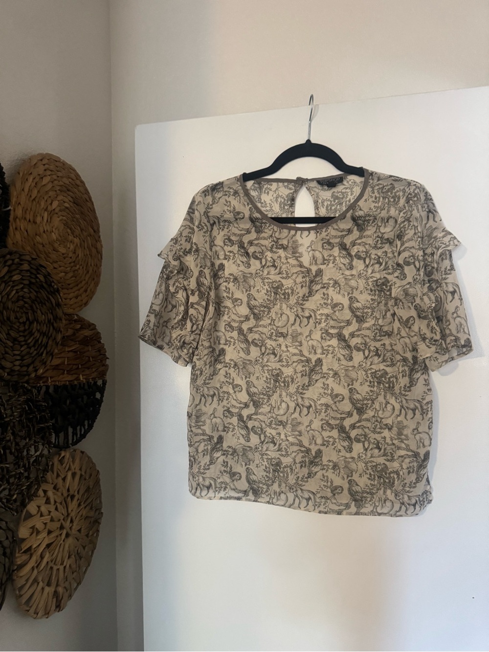 Topshop Woodland Animal Print Flutter Sleeve Blouse Top